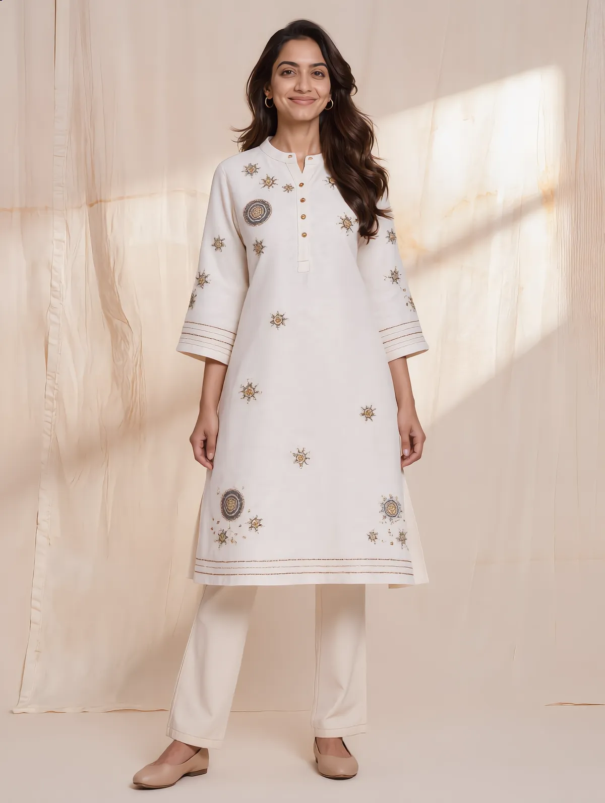 Ivory linen A-line kurta with mandarin collar and scattered mandala embroidery