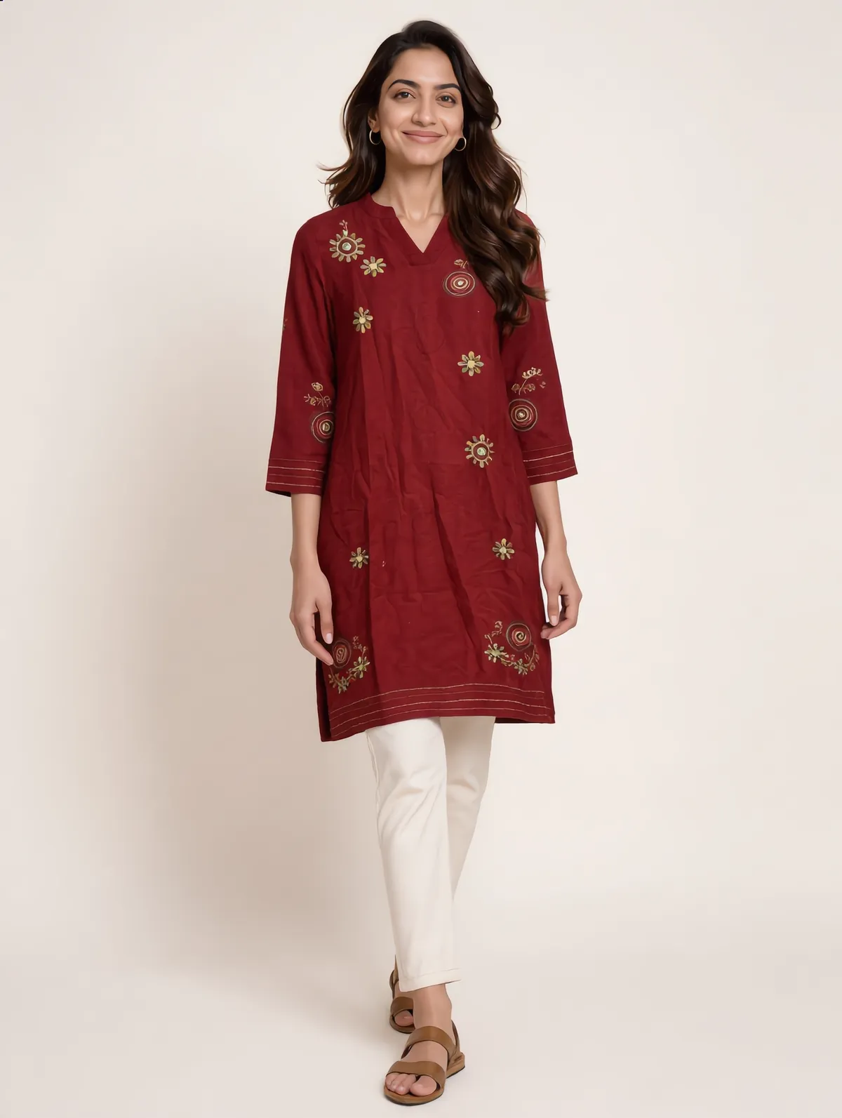 Maroon cotton kurta with gold and multicolour floral embroidery