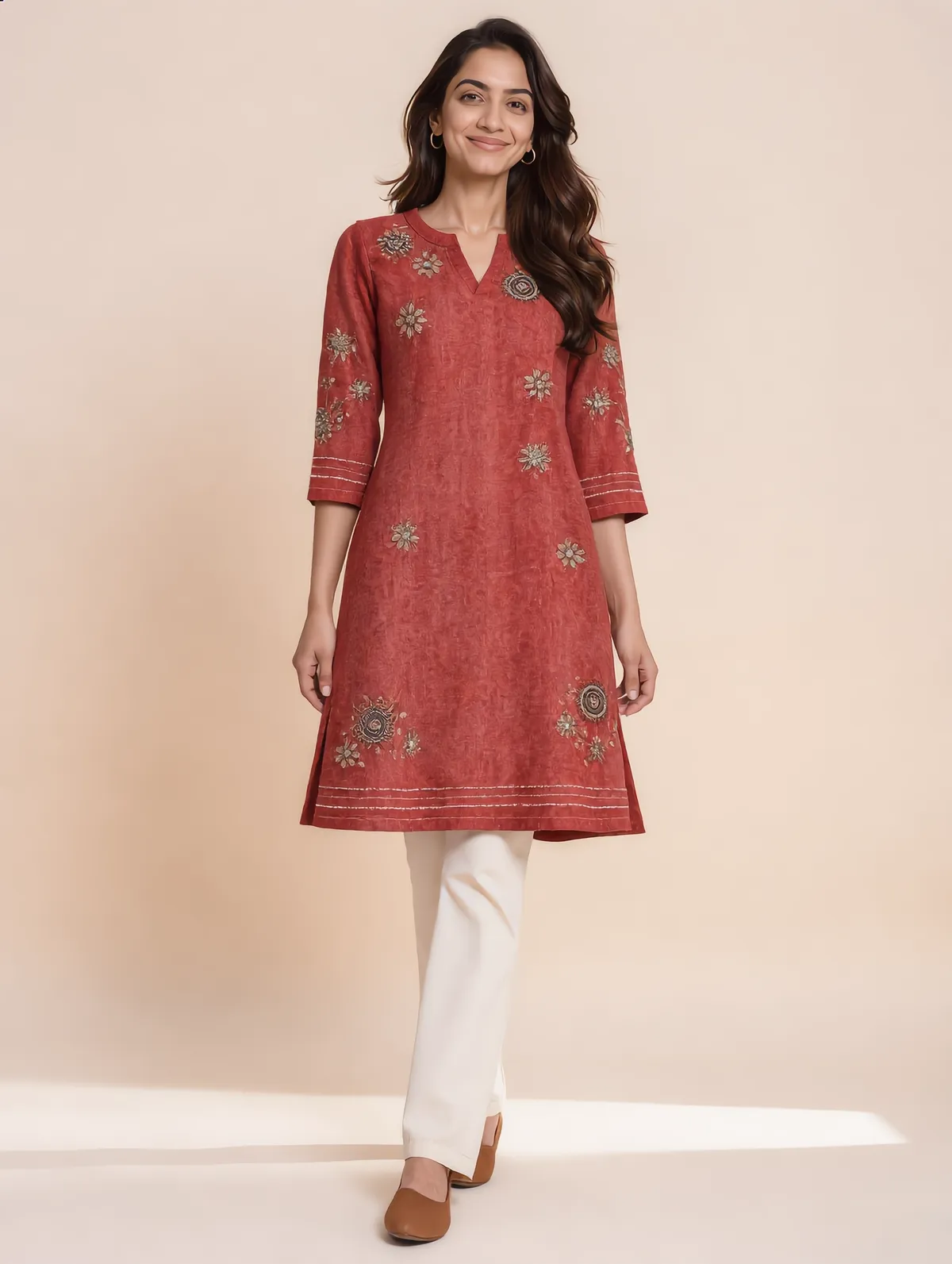 Rust linen A-line kurta with notched neckline and mandala embroidery