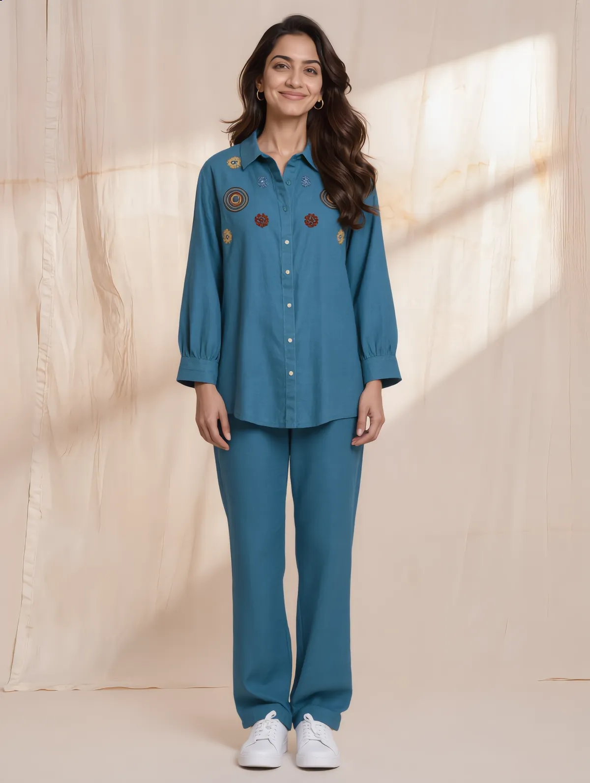 Teal shirt with mandala embroidery and matching drawstring pants